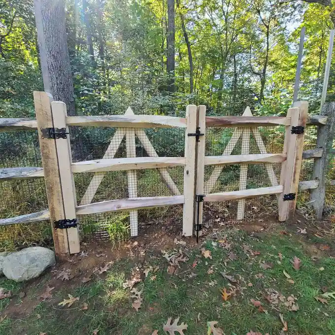 Rustic split-rail double gate with black strap hinges in a wooded yard